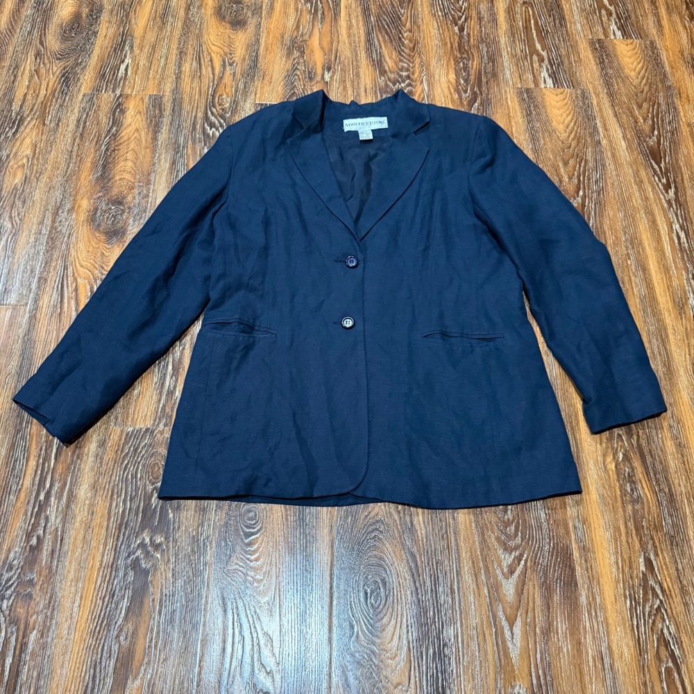 Linen Blend 14 L Blazer Women's Navy Blue Two Button Professional Adolfo Studio